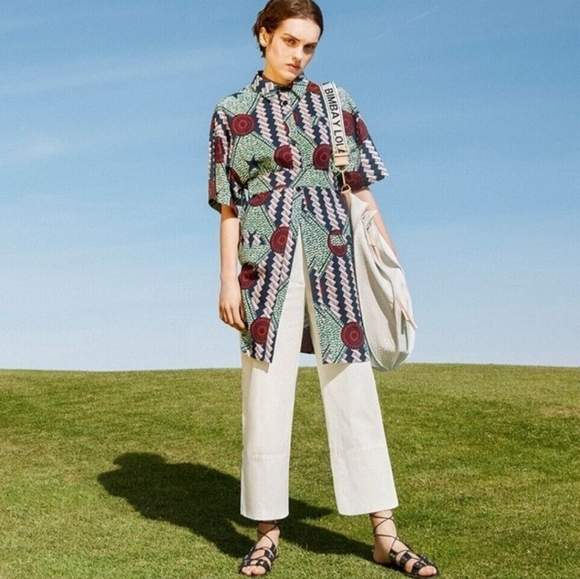 Bimba Y Lola Green Patterned Cotton Short Sleeve Button-Up Shirt Dress Artsy - Picture 1 of 12